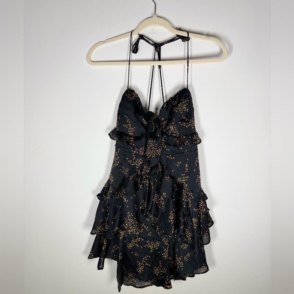 Saints + Secrets Black Floral Bust Tie Ruffle Tierd Mini Dress Small